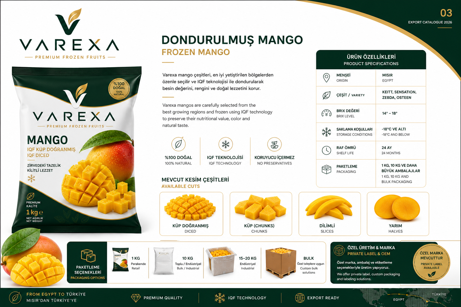 VAREXA IQF frozen mango product catalogue and packaging options